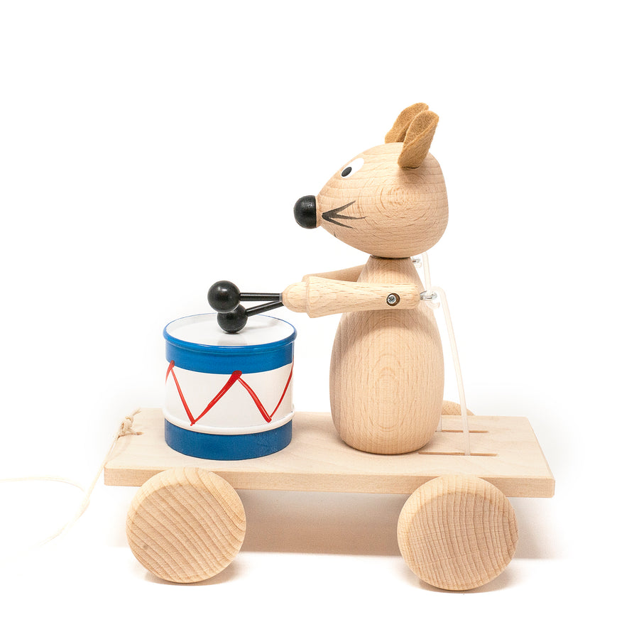 Wooden Pull Along Mouse with Drum