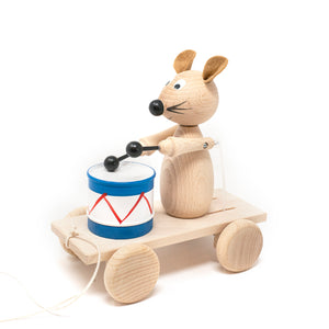 Wooden Pull Along Mouse with Drum